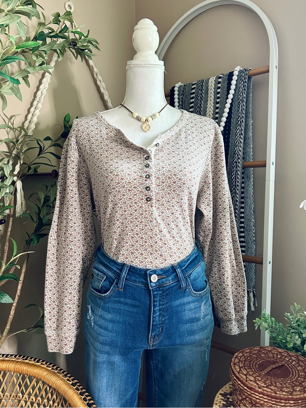 Vintage 90s St. John’s Bay Floral Henley Top Fall Cottagecore Medium